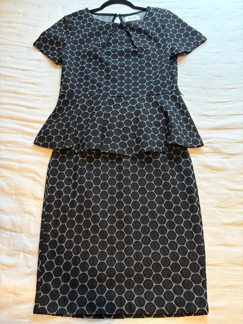 ELLE Black Peplum Top & Bottoms SET with White Circle Motif
